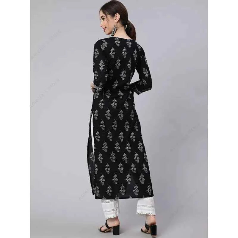 Indian Ethnic Kurta for Women Black Cotton Floral Print Tunic Top 3/4 Sleeve Round Neck Casual Mid-Length Kurti India Dress