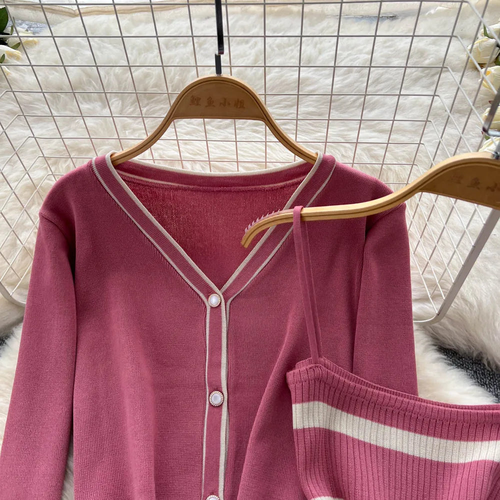 New Fashion Autumn Knitted Suits Long Sleeve V Neck Buttons Top+Stripe Strap Bodycon Dress Elegant OL Women Two Piece Sets