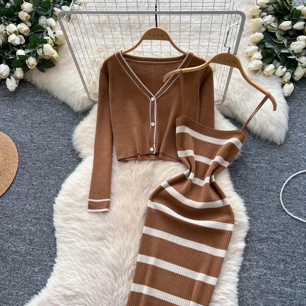 New Fashion Autumn Knitted Suits Long Sleeve V Neck Buttons Top+Stripe Strap Bodycon Dress Elegant OL Women Two Piece Sets