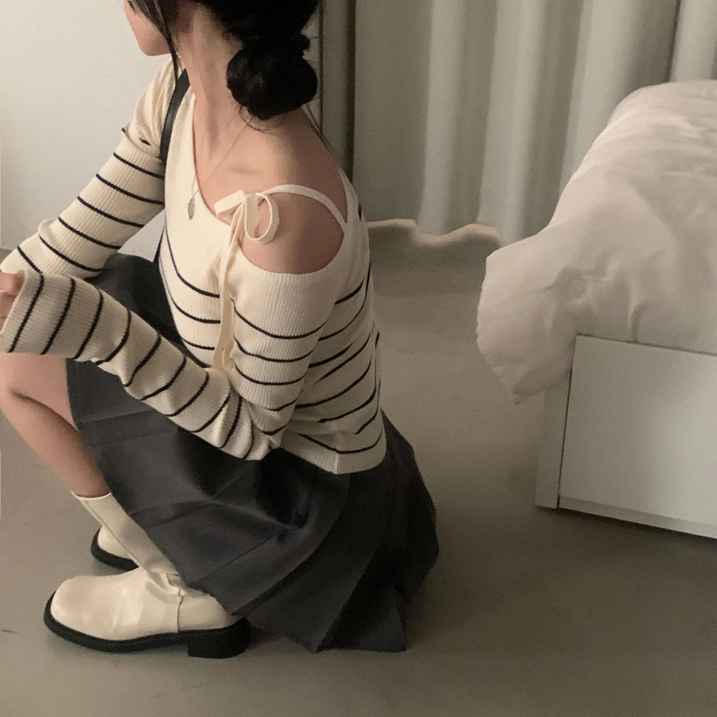 2026 New Women's Elegant Off-Shoulder Sweater T-Shirt Black White Striped with Adjustable Lace-Up Fall Winter Casual Chic Top