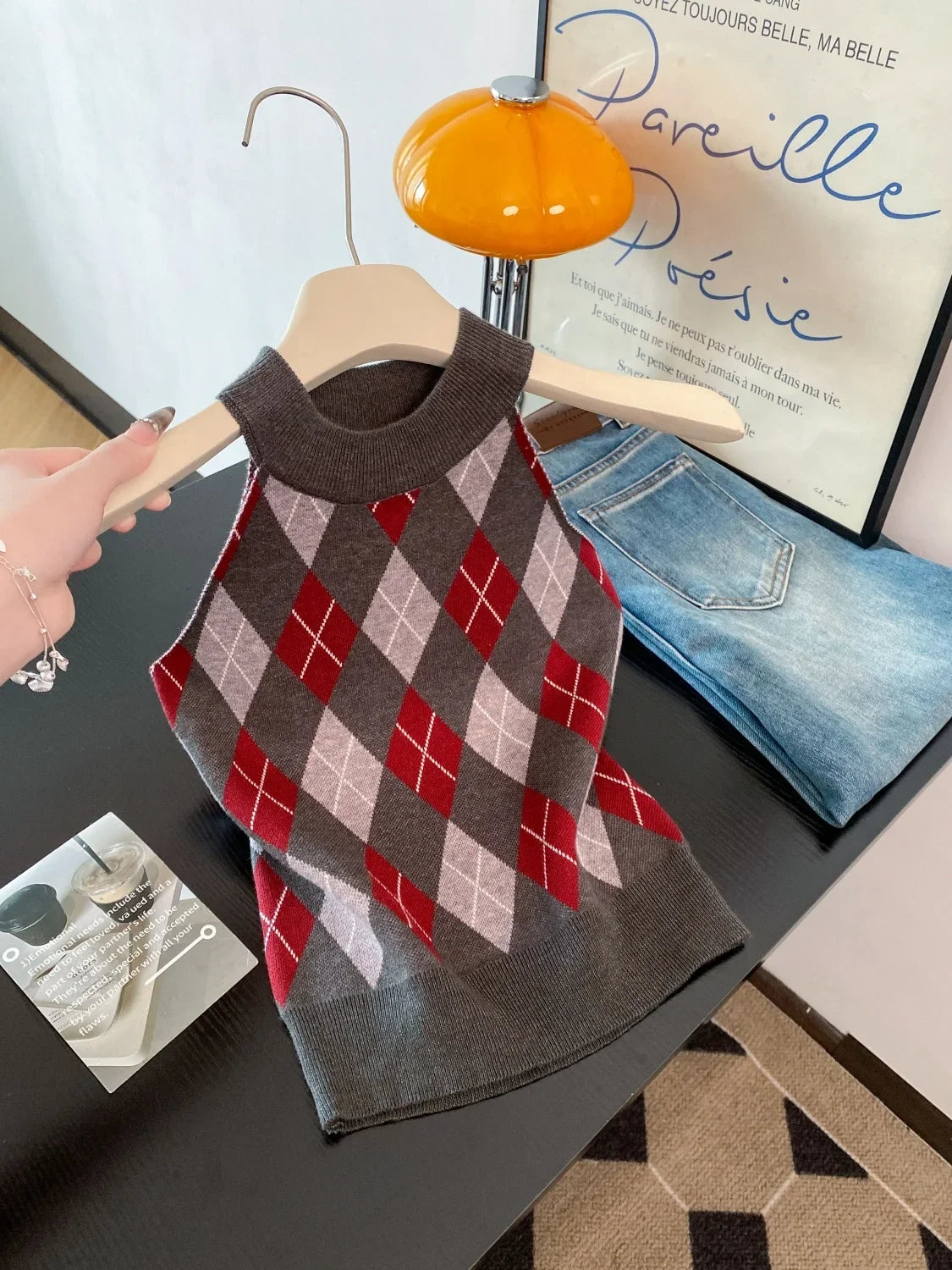 Women's Vintage Plaid Sweater Vest Ulzzang Style Knitted Preppy Soft Crew Neck Loose Top Fit Streetwear Camisole for Girls