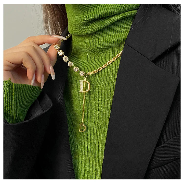 Design Sense Micro Setting Zircon D Letter Pendant Long Necklace Winter Sweater Chain Fashion Jewelry For Woman Girls Party Gift Streetsharks