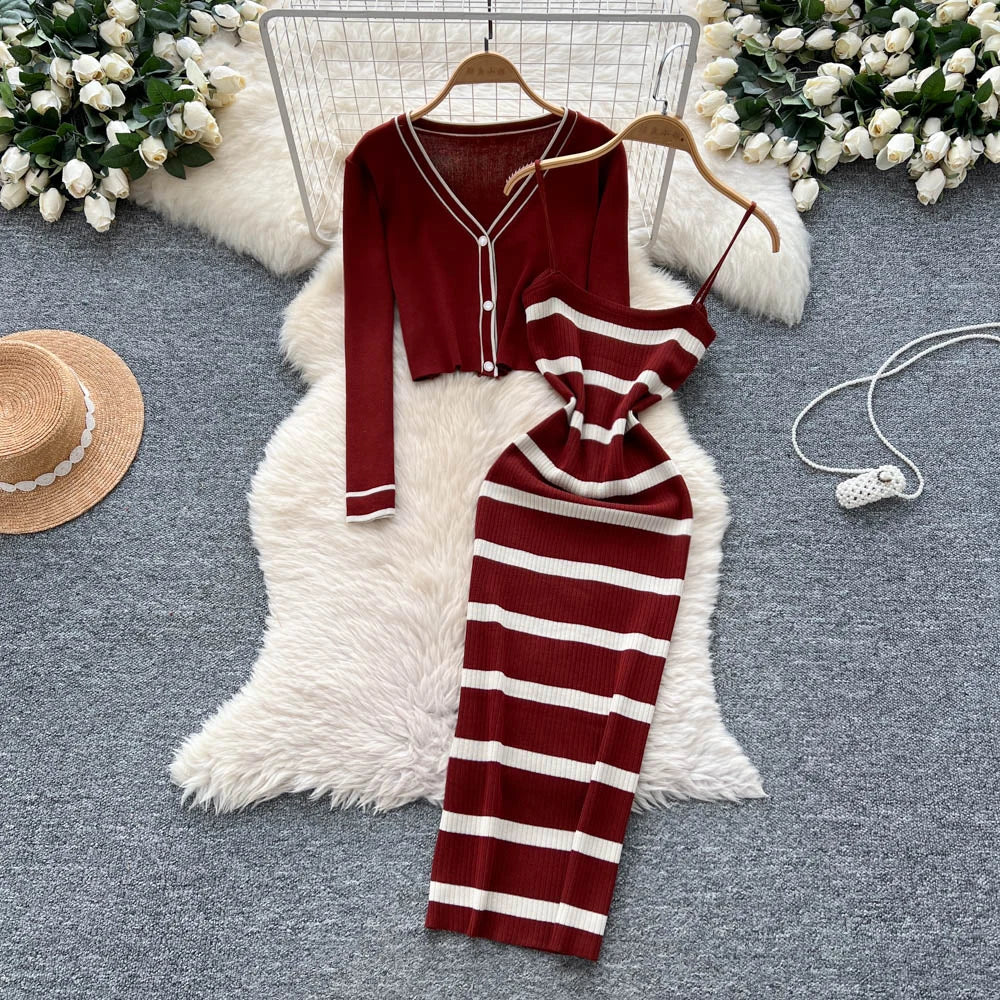 New Fashion Autumn Knitted Suits Long Sleeve V Neck Buttons Top+Stripe Strap Bodycon Dress Elegant OL Women Two Piece Sets