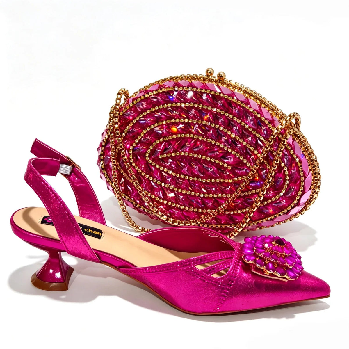 2026 Italian Peach Gold Rhinestone HAND CRAFTED UPPER Pointed Toe Women High Heels Shoes and Bag Set Elegant Party Shoes luxecrown.co.uk
