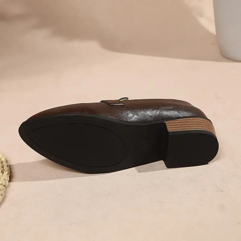 Retro Metal Buckle Thick Heel Loafers Women Summer 2026 Classic Black Brown Pu Leather Loafer Elegant Dress Shoes for Women luxecrown.co.uk