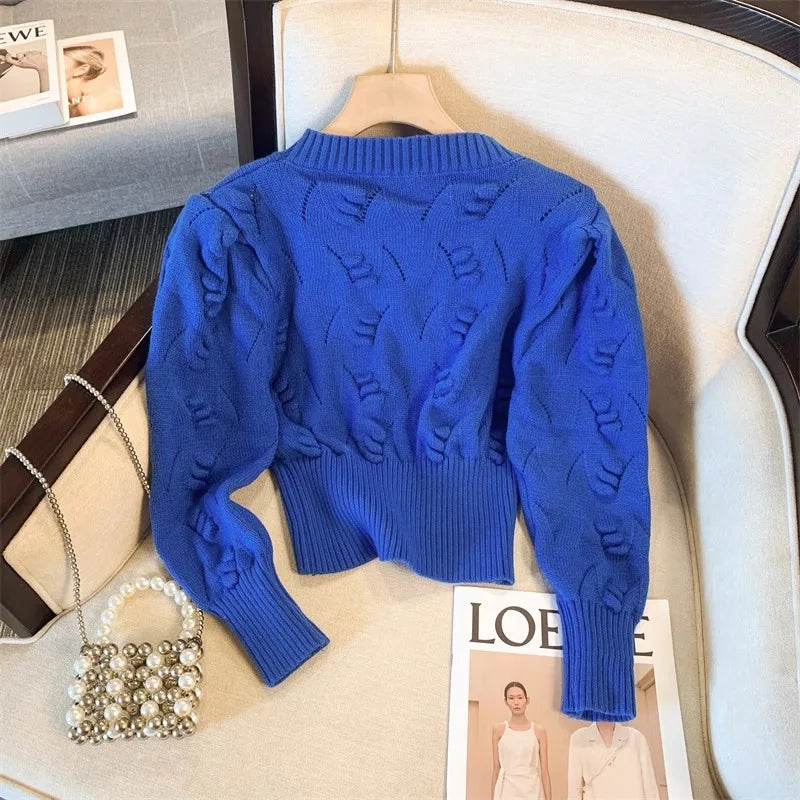 2026 New Autumn Winter Women O-neck Long Sleeve Knitted Sweaters Hollow Out Knitwear Crochet Solid Color Short Pullover Tops