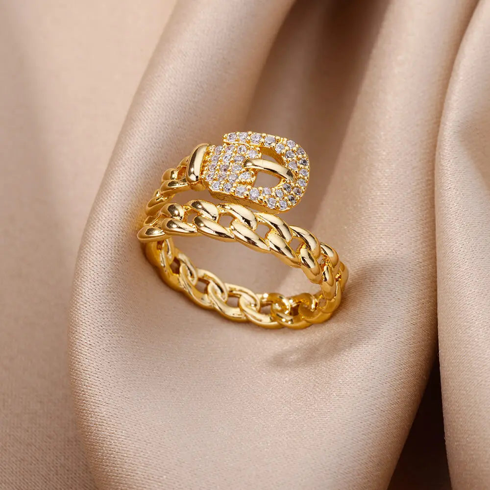 Fashion Gold Color Stainless Steel Rings For Women Chain Hollow Out Crystal Zircon Finger Ring Jewelry 2023 Gift anillos mujer Streetsharks