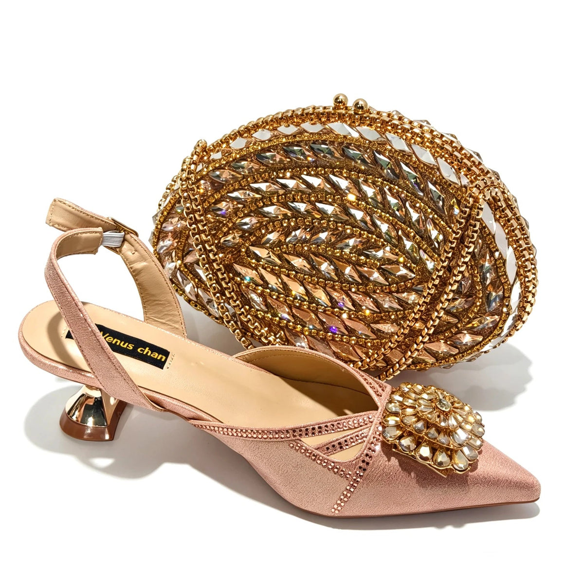 2026 Italian Peach Gold Rhinestone HAND CRAFTED UPPER Pointed Toe Women High Heels Shoes and Bag Set Elegant Party Shoes luxecrown.co.uk