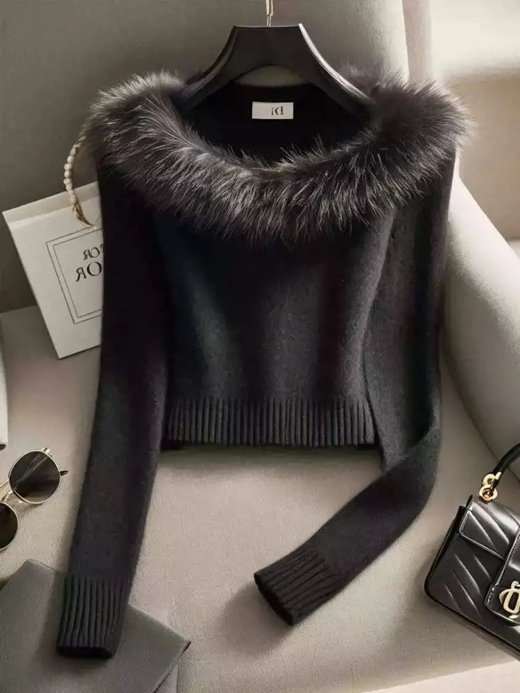 2026 New Autumn Winter Women Long Fur Collar Sleeve Knitted Sweaters Elastic Slim Solid Multi Color Short Pullover Tops