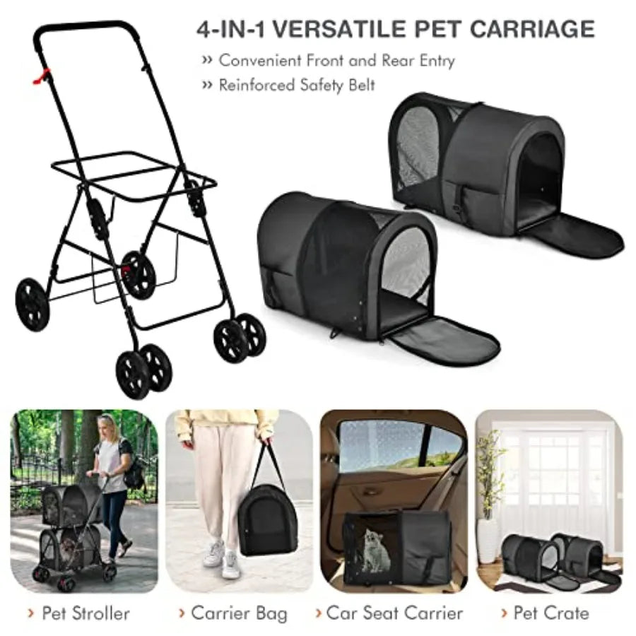 Pet stroller for travel and strolling; polyester fabric; black; double detachable carrier bags, safety belt, 4 lockable wheels, luxecrown.co.uk
