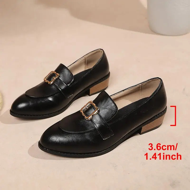 Retro Metal Buckle Thick Heel Loafers Women Summer 2026 Classic Black Brown Pu Leather Loafer Elegant Dress Shoes for Women luxecrown.co.uk