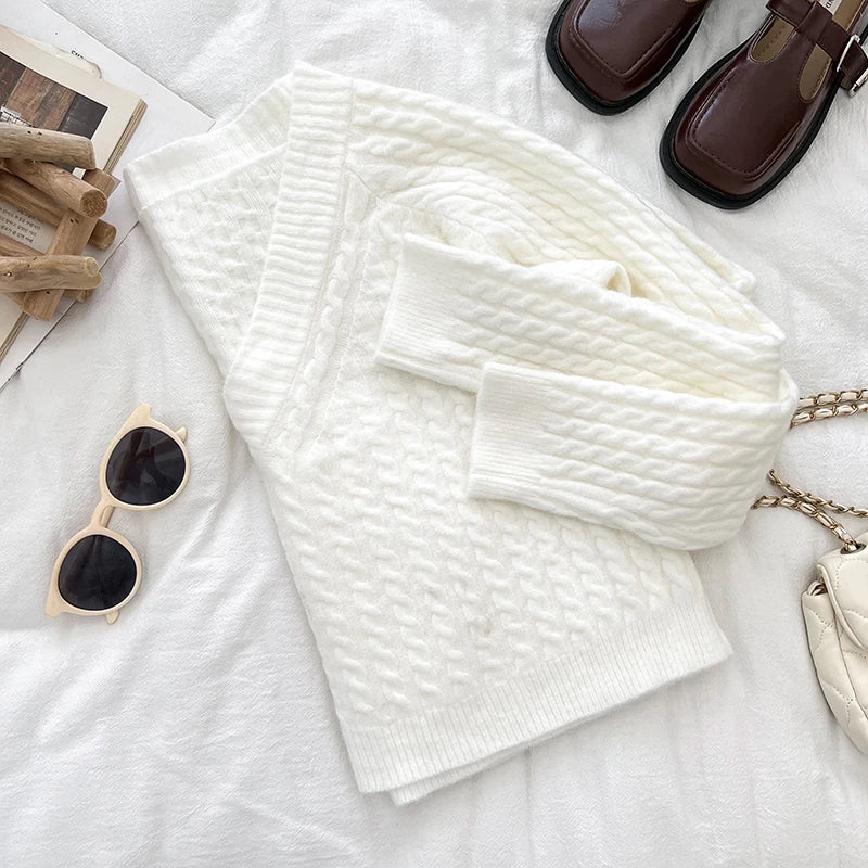 2026 New Autumn Winter Women V-neck Long Sleeve Knitted Sweaters Twist Striped Loose Solid Color Short Pullover Tops