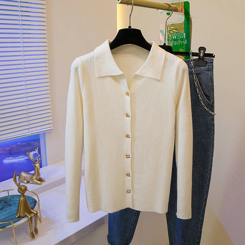 2026 Korean Style Fashion Autumn Winter Turn Down Collar Cardigan Knitted Sweater Casual Loose Long Sleeved Base Sweater Women