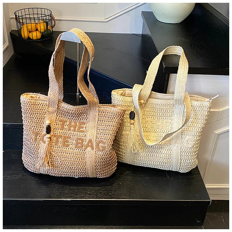 French Style Large Capacity Woven Straw Woven Bag for Women New Beach Vacation Shoulder Bag Casual Commuting Tote Bag Purse luxecrown.co.uk