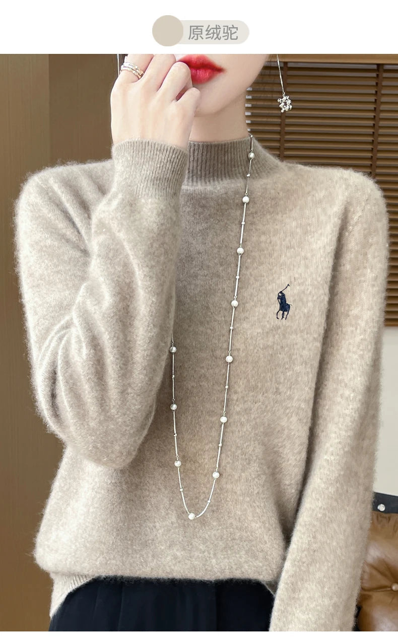 2024 Autumn/Winter Women's New Cashmere Hoodie Fashionable Embroidered Half High Neck Soft Cashmere Explosive100% Australianwool Streetsharks