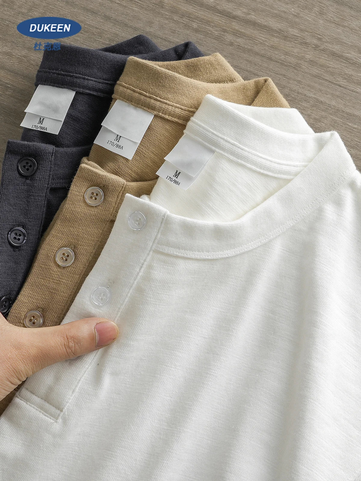 Dukeen 320g Heavyweight Henley Shirt for Men Short Sleeved Summer 100% Cotton Oversized White T Shirt Man Clothing luxecrown.co.uk