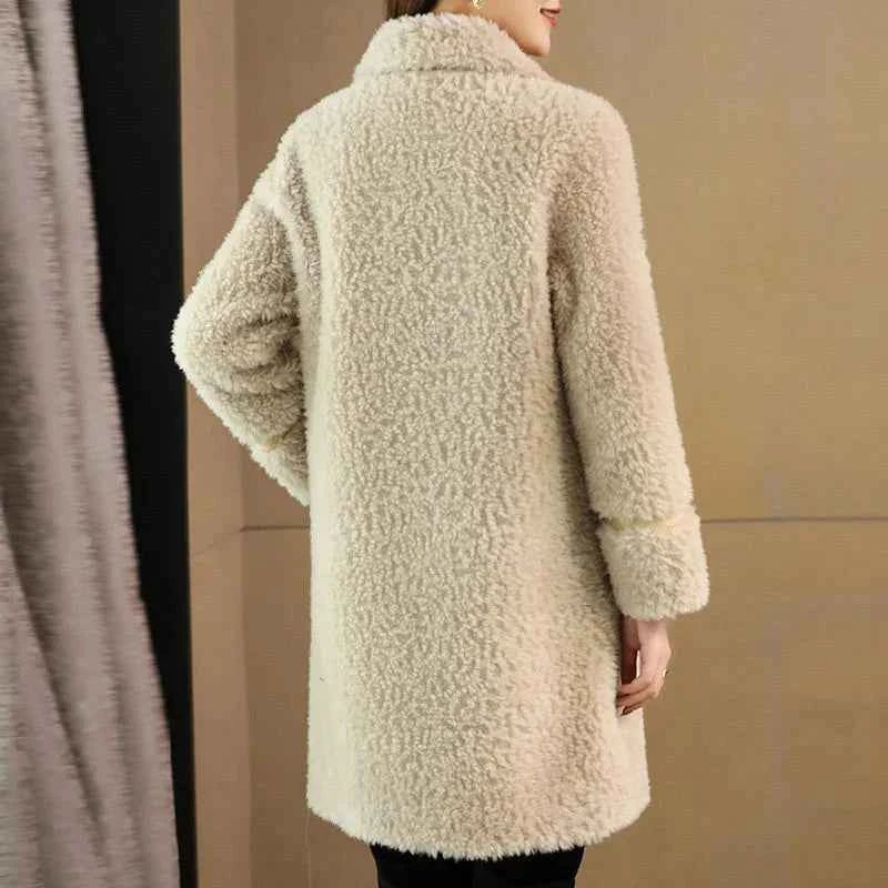 Female Winter Slim Grain Wool Middle Long Coat Women New Middle-Aged And Elderly Cashmere Thickened Imitation Lamb Wool Overcoat