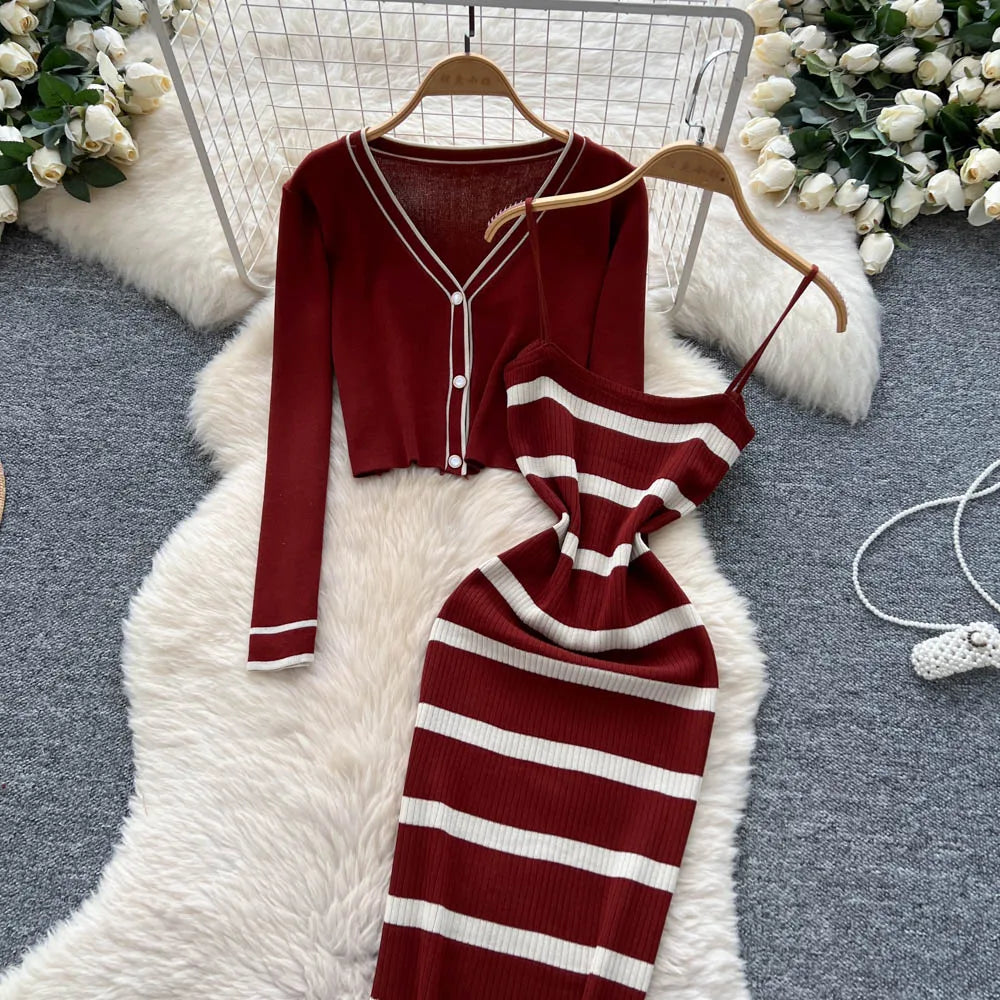 New Fashion Autumn Knitted Suits Long Sleeve V Neck Buttons Top+Stripe Strap Bodycon Dress Elegant OL Women Two Piece Sets