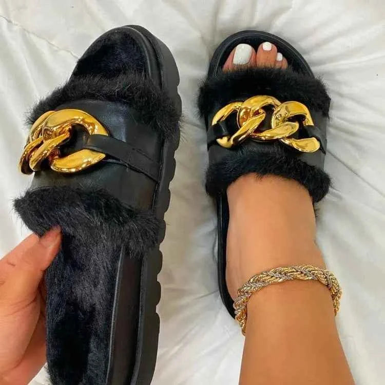 New round-toe thick-soled slip-on fuzzy slippers, lightweight furry slippers, plus-size with metal chain cotton slippers