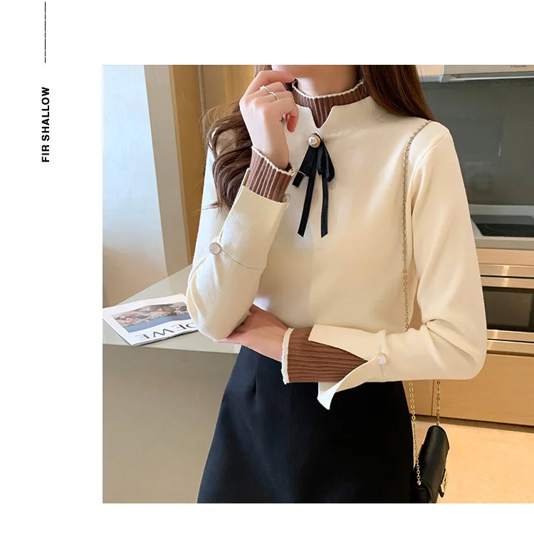 Autumn Winter Sweater Sweet Bow Knitwears Long Sleeve Slim Pullovers Women Solid Knitted Sweater Korean Casual Base Layer Y2k