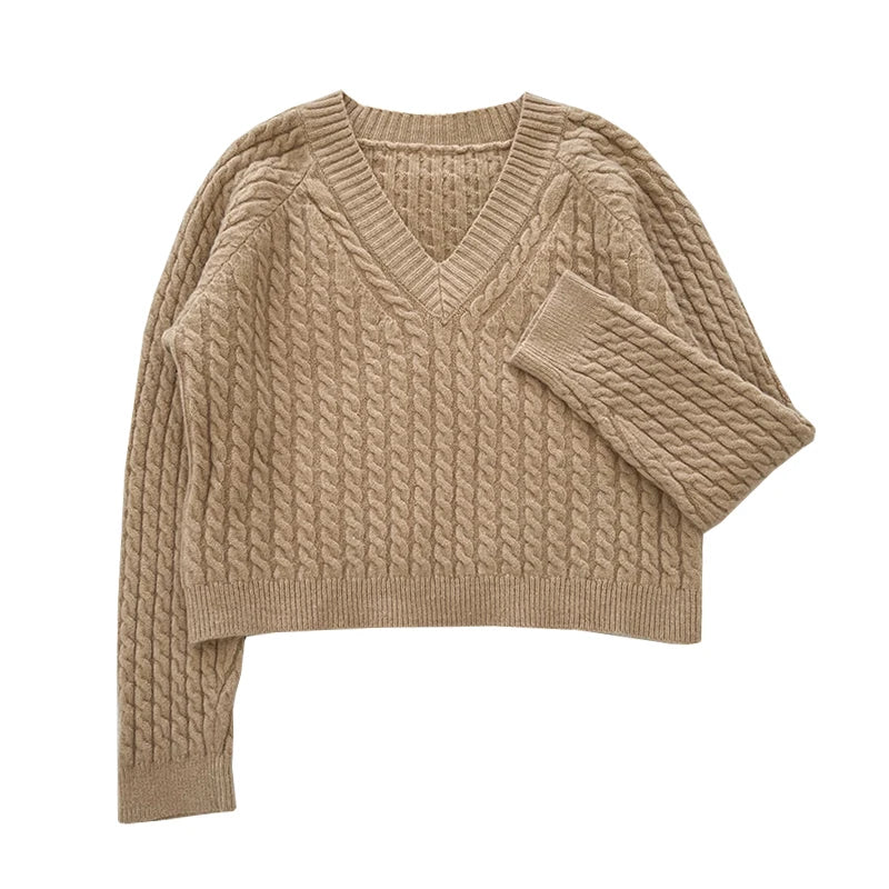 2026 New Autumn Winter Women V-neck Long Sleeve Knitted Sweaters Twist Striped Loose Solid Color Short Pullover Tops