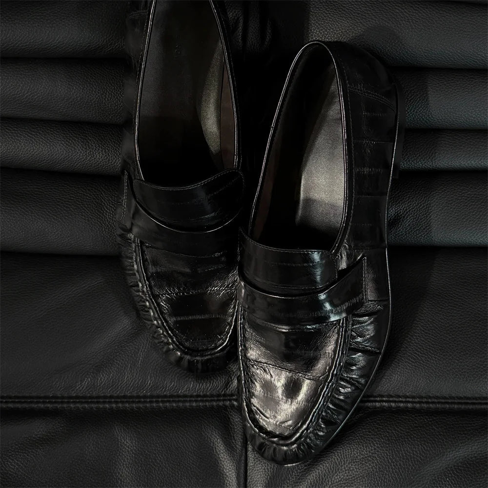 Retro Loafers for Men Lazy Eel Casual Leather Shoes Pleated Single Shoes Dark Browm Slip On Elegant Slip On Bean Shoes luxecrown.co.uk