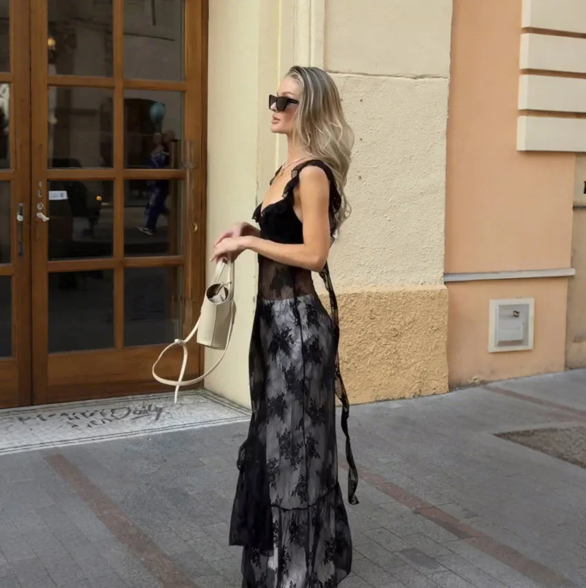 TARUXY Elegant Black Lace Sexy Dress Women's Summer New Perspective Hollow Out Slit V-Neck Straps Dress Female Party Club Dress