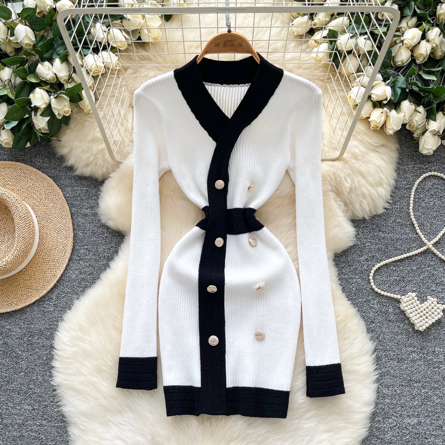 Women's French Style V Neck Long Sleeve Knitted Bodycon Dress Classic Soft Office Elegant Lady Autumn