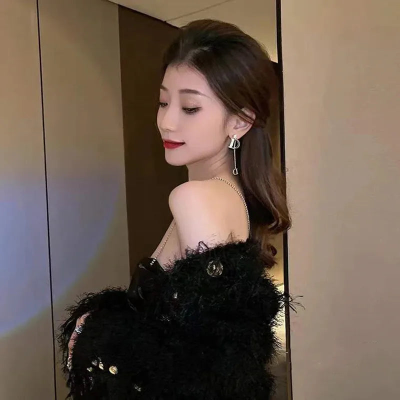 D Letter Tassel Earrings Female S925 Silver Needle New Luxury Shining Long Earrings for Women Korean Designer Jewelry Y2k Streetsharks