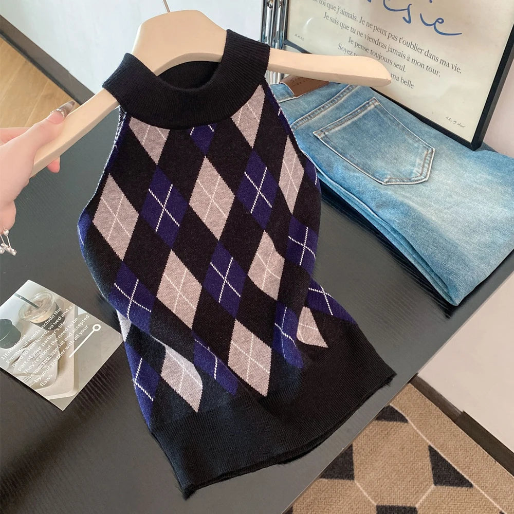 Women's Vintage Plaid Sweater Vest Ulzzang Style Knitted Preppy Soft Crew Neck Loose Top Fit Streetwear Camisole for Girls