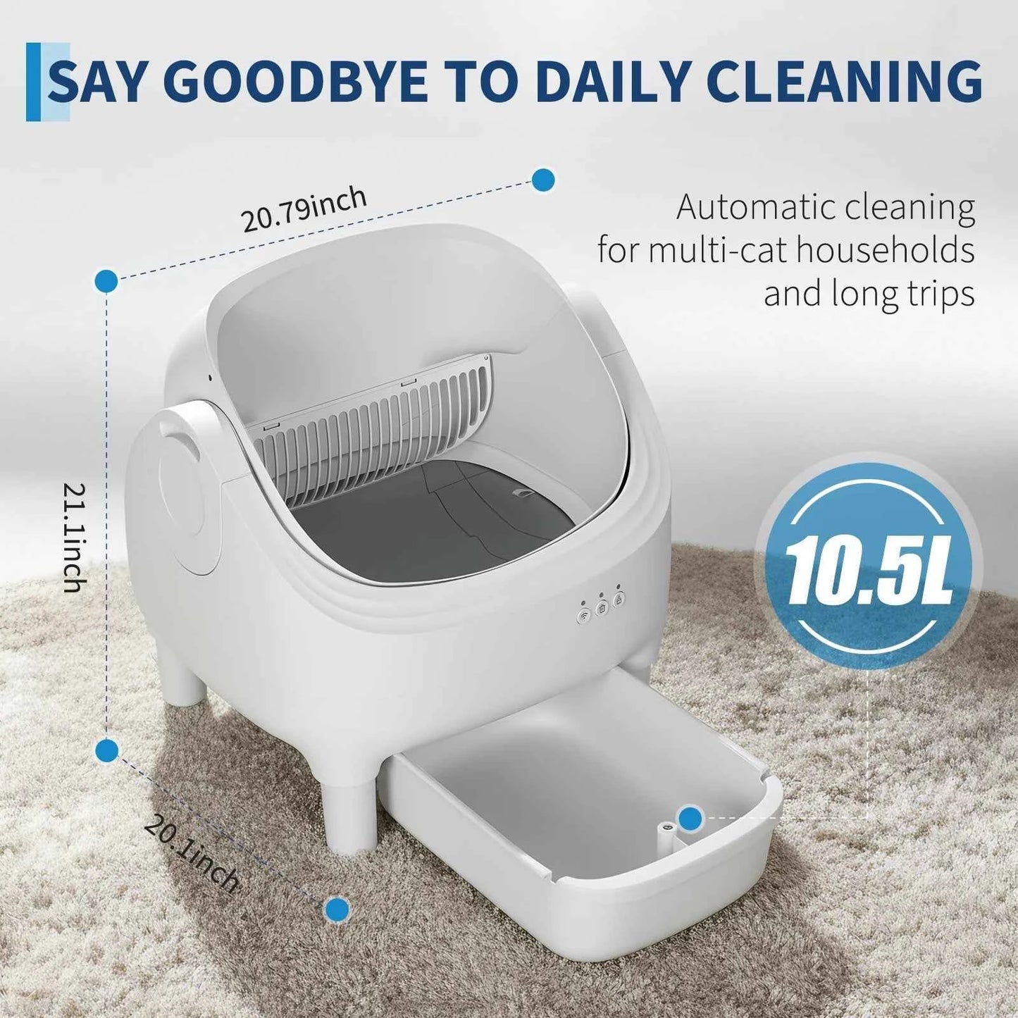 Self Cleaning Automatic Cat Litter Box, APP Control,Odor-Free,Open-Top w/Large Waste Bin for Multiple Cats Includes Trash Bags