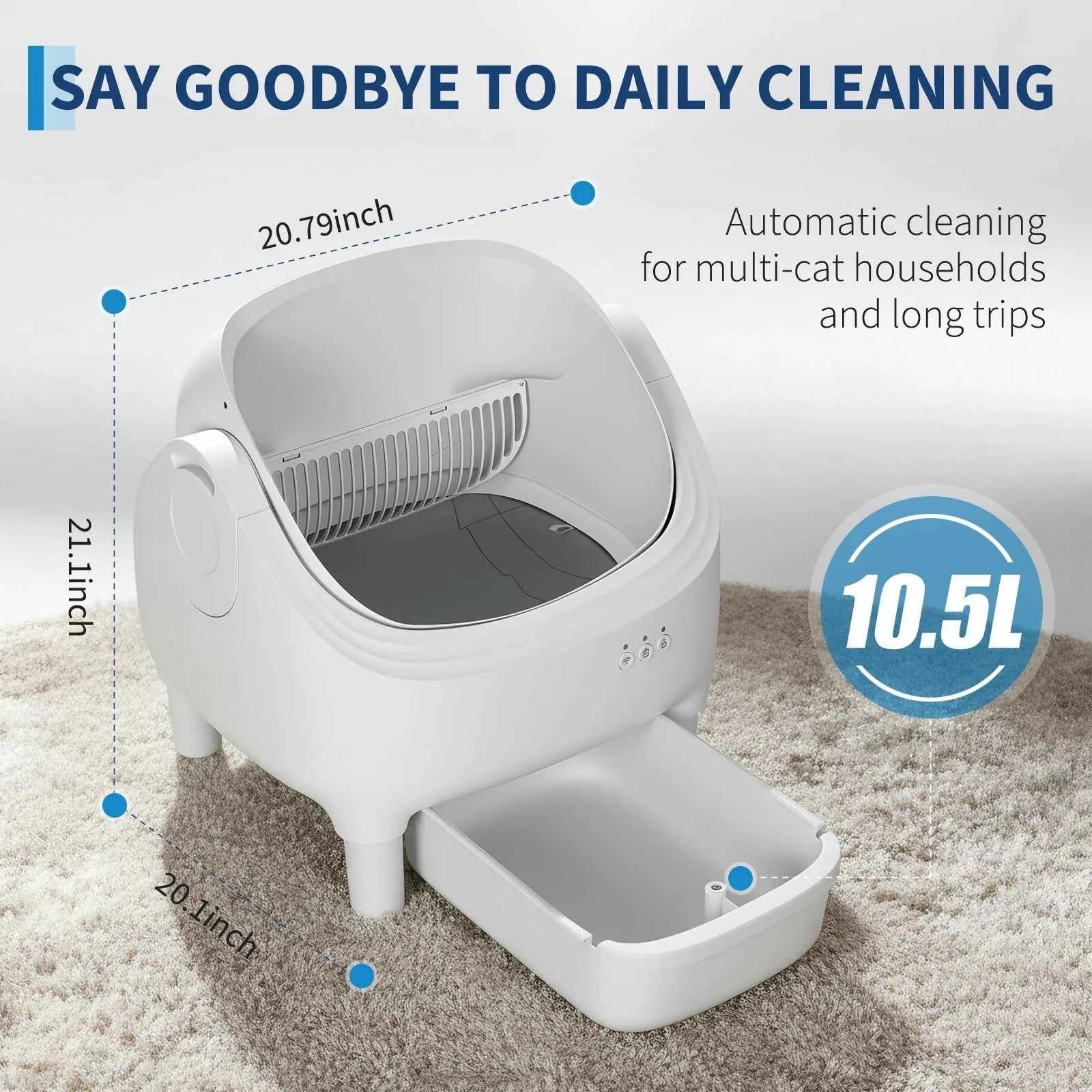 Self Cleaning Automatic Cat Litter Box, APP Control,Odor-Free,Open-Top w/Large Waste Bin for Multiple Cats Includes Trash Bags