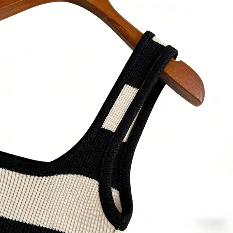 Women's Casual Evening Knit Maxi Dress Sleeveless Black Striped Bodycon Beach Side Slit Stretchy Ribbed Party Long Dress