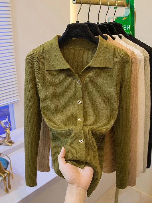 2026 Korean Style Fashion Autumn Winter Turn Down Collar Cardigan Knitted Sweater Casual Loose Long Sleeved Base Sweater Women