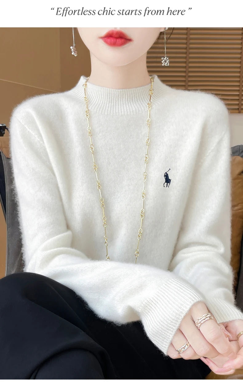 2024 Autumn/Winter Women's New Cashmere Hoodie Fashionable Embroidered Half High Neck Soft Cashmere Explosive100% Australianwool Streetsharks