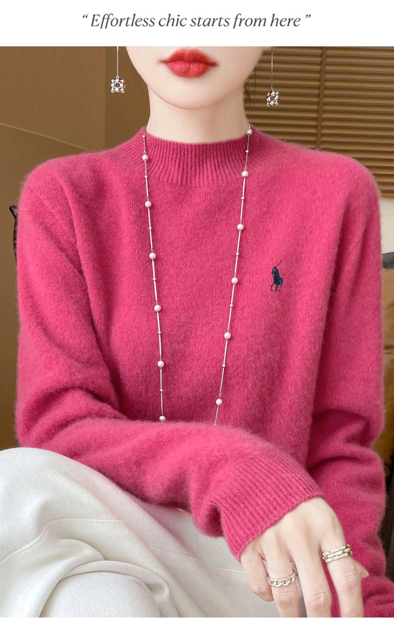 2024 Autumn/Winter Women's New Cashmere Hoodie Fashionable Embroidered Half High Neck Soft Cashmere Explosive100% Australianwool Streetsharks