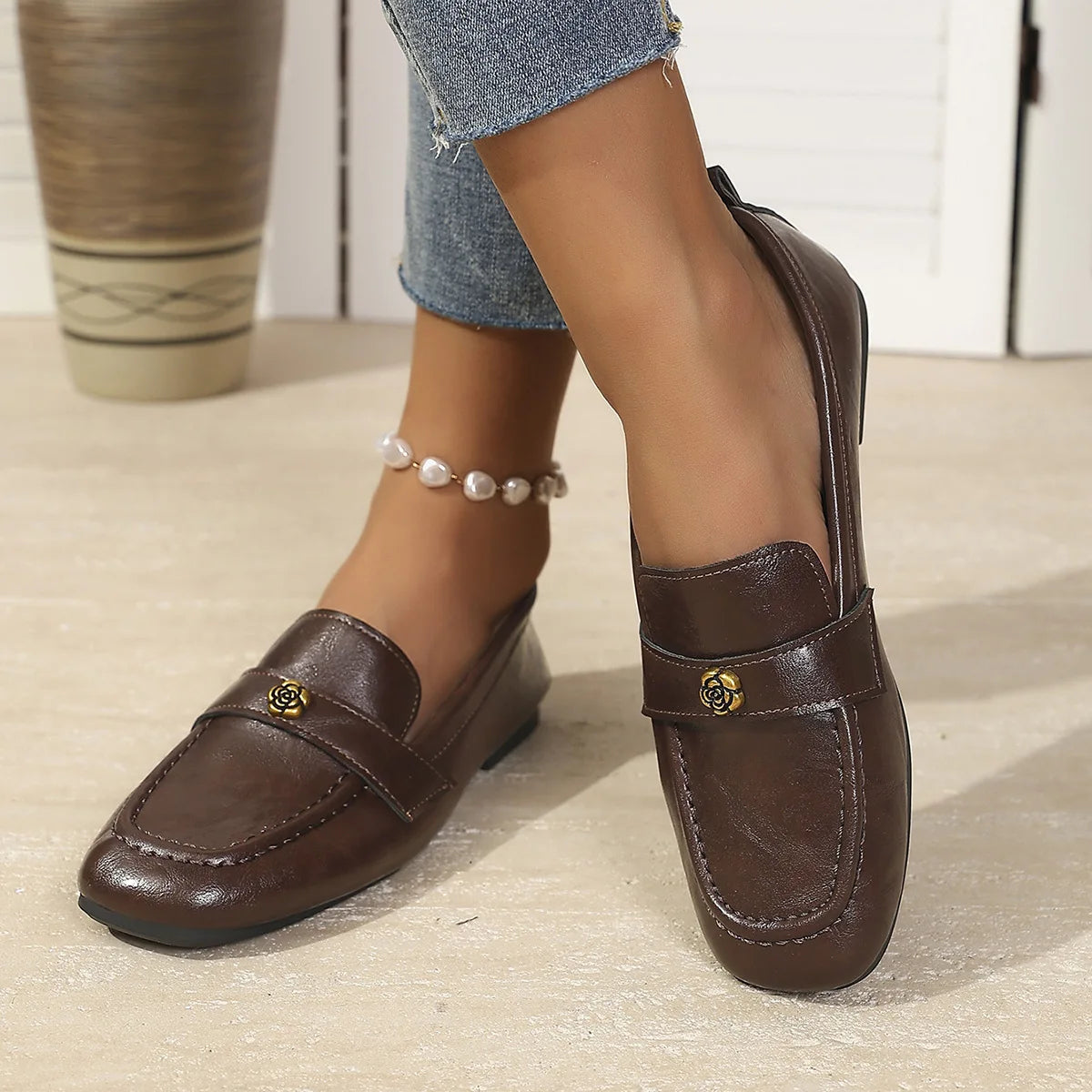 Women's Leather Flat Loafers with Gold-Tone Flower Accessory Round Apron Toe Low Block Heel Comfortable & Office Dress Shoes luxecrown.co.uk