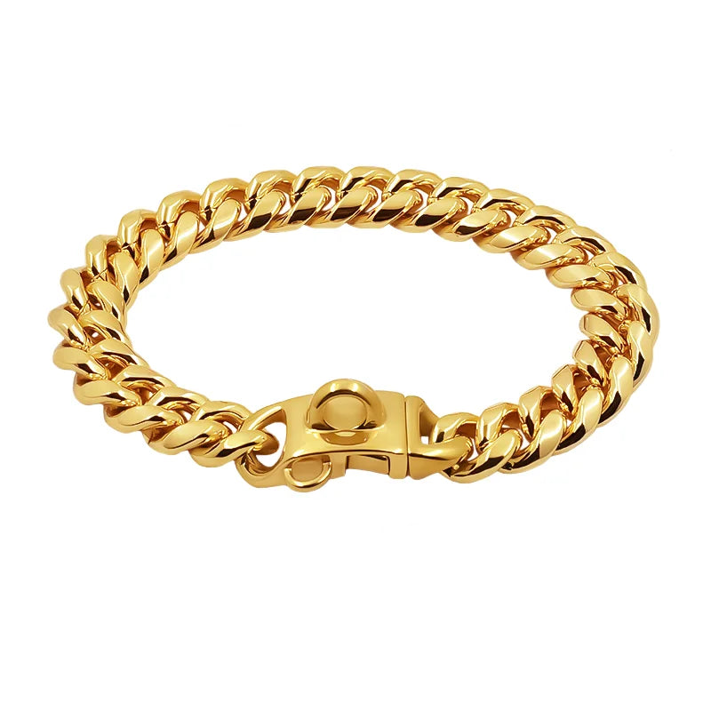 Metal Dog Collar Stainless Steel Pet Choker Gold Cuban Link Chain 14mm Wide Lead for Small Medium Large Dogs Pet Accessories luxecrown.co.uk