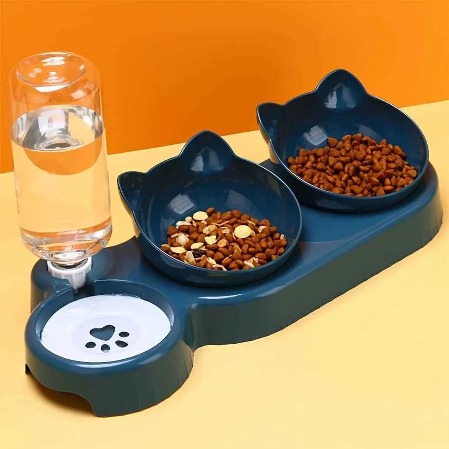 Pet Bowls With Water Feeder, 3 In 1 Ear Design Tilted Cat Water And Food Bowl Set With Gravity Water Bottle For Neck Protection luxecrown.co.uk