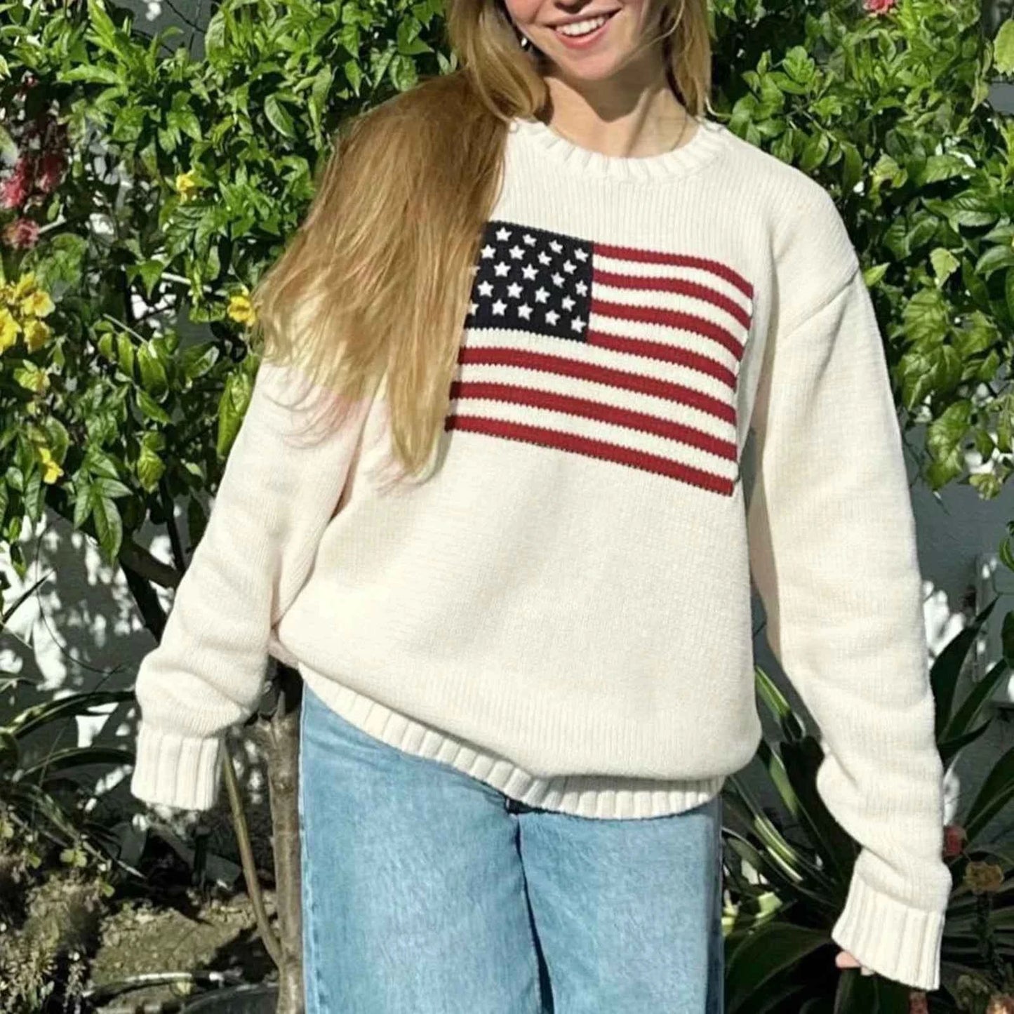 Puloru Women's Loose Fit Sweaters Fall Winter Casual Stars Stripe Flag Print Round Neck Long Sleeve Pullovers Knitted Jumpers
