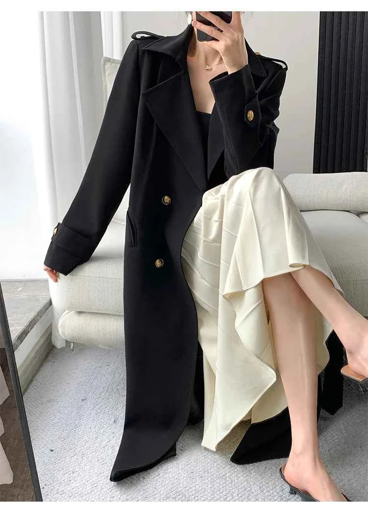 Lautaro Spring Autumn Long Black Trench Coat for Women Gold Buttons Double Breasted Elegant Chic Luxury Designer Clothes 2025