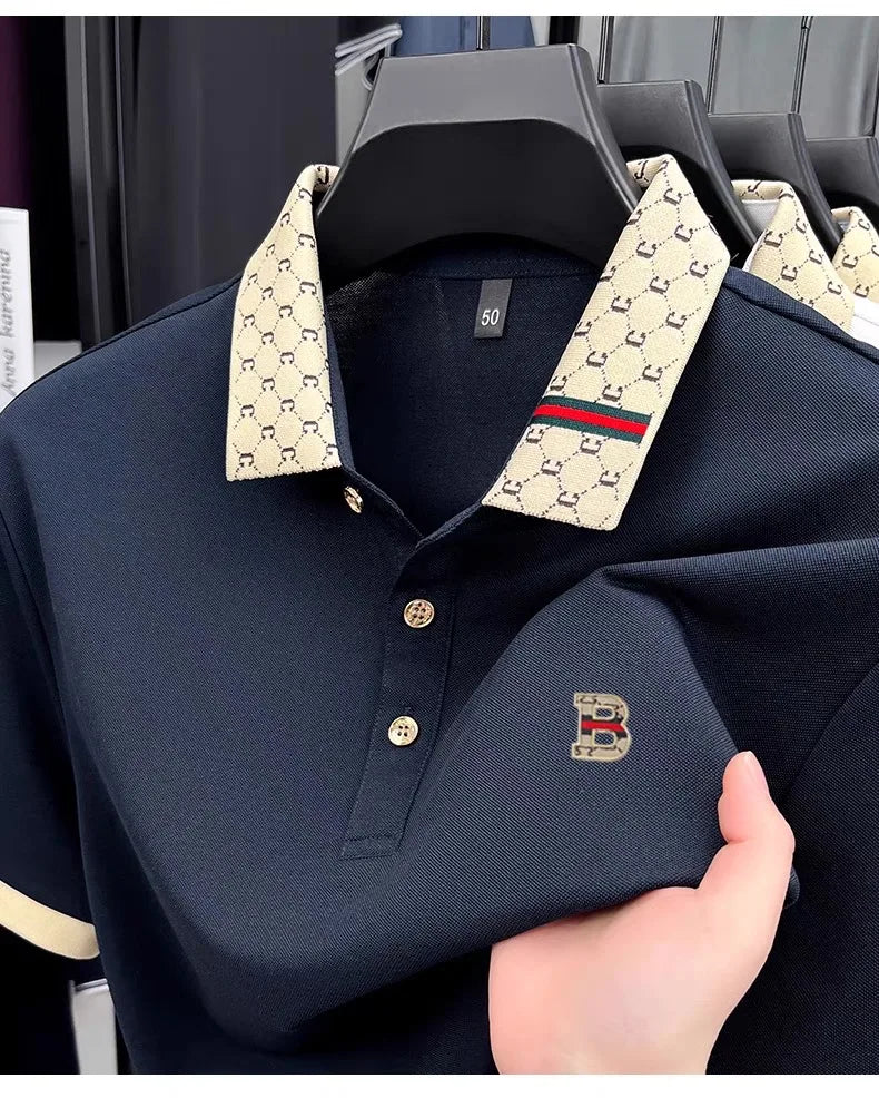 Luxury brand B letter embossed short sleeve polo shirt men summer lightweight breathable new fashion color blocked lapel T-shirt luxecrown.co.uk