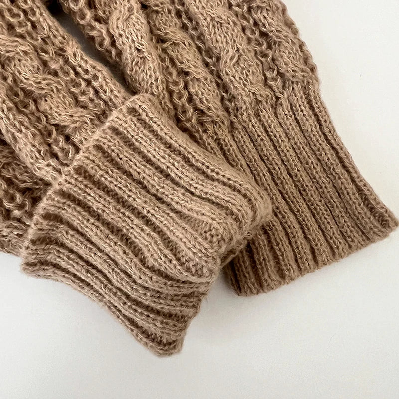 2026 New Autumn Winter Loose Casual Knitwear V-neck Long Sleeve Knitted Sweaters Twist Hollow Out Crochet Short Pullover Tops