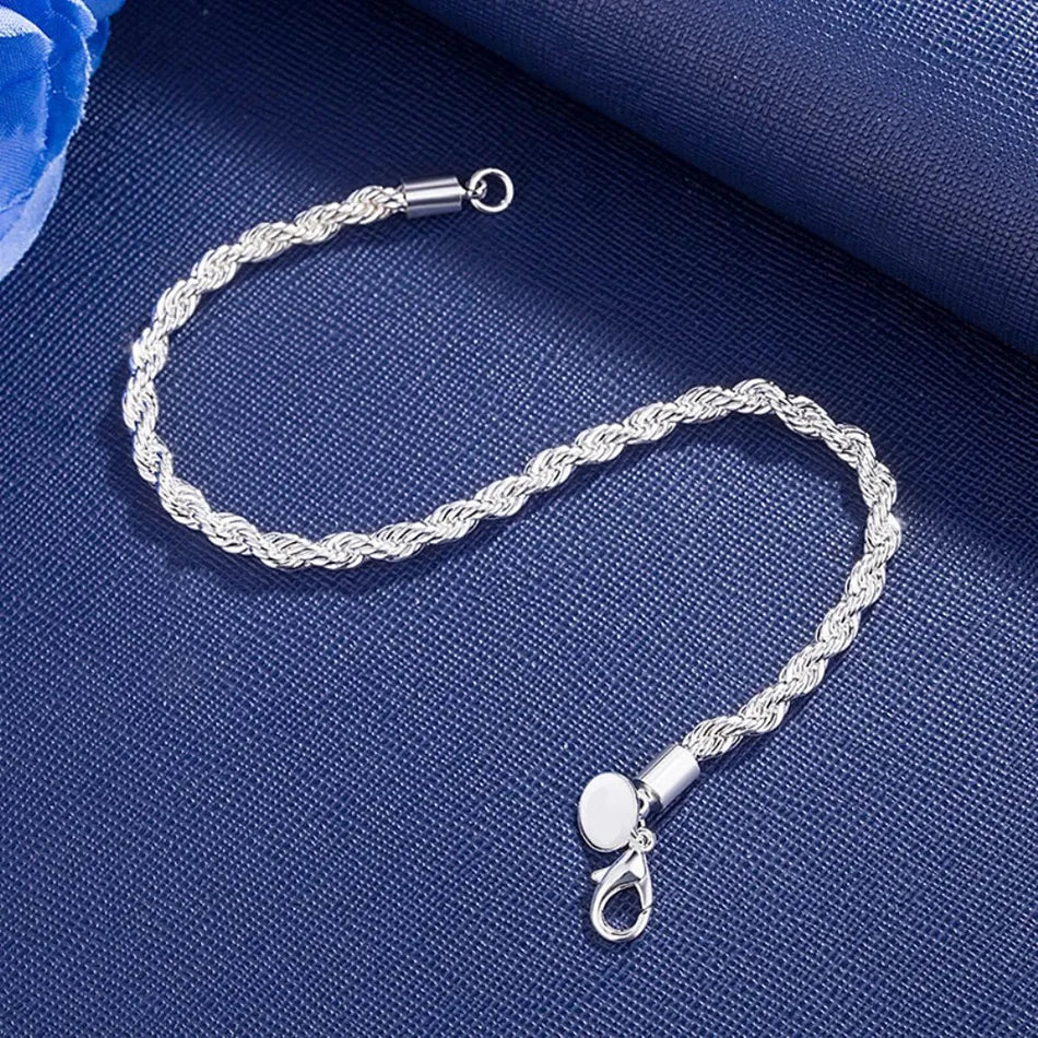 ALIZERO 925 Sterling Silver Unisex 4mm Rope Chain Bracelets for Men Women Twisted Links Chain Bracelet Simple Classic Jewelry Streetsharks