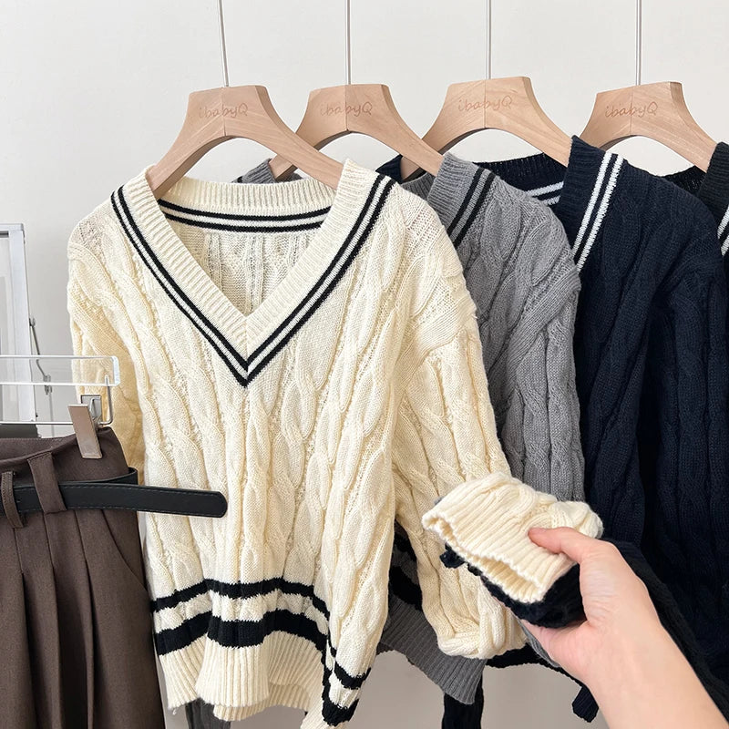 2026 New Autumn Winter Preppy Style Knitwear V-neck Long Sleeve Knitted Sweaters Twist Hit Color Striped Short Pullover Tops