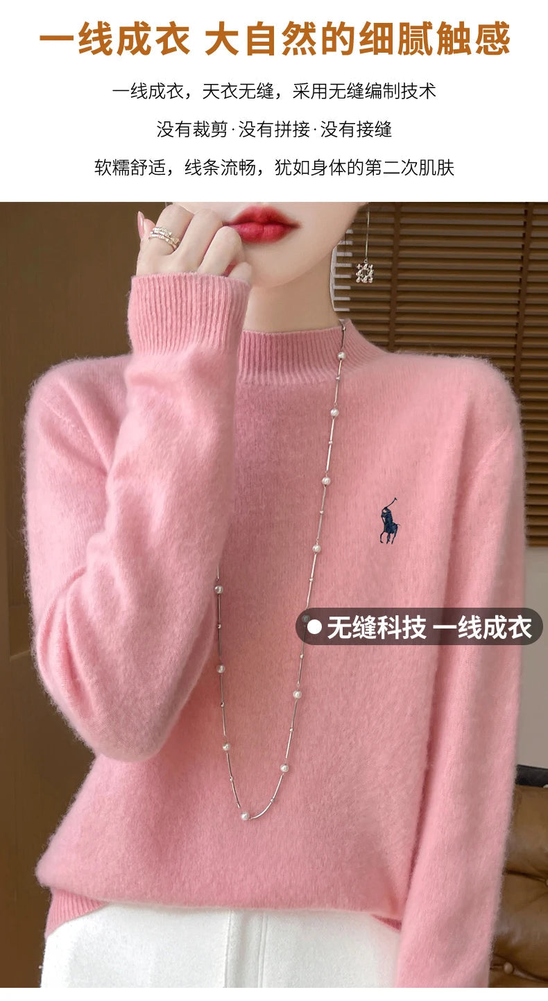 2024 Autumn/Winter Women's New Cashmere Hoodie Fashionable Embroidered Half High Neck Soft Cashmere Explosive100% Australianwool Streetsharks