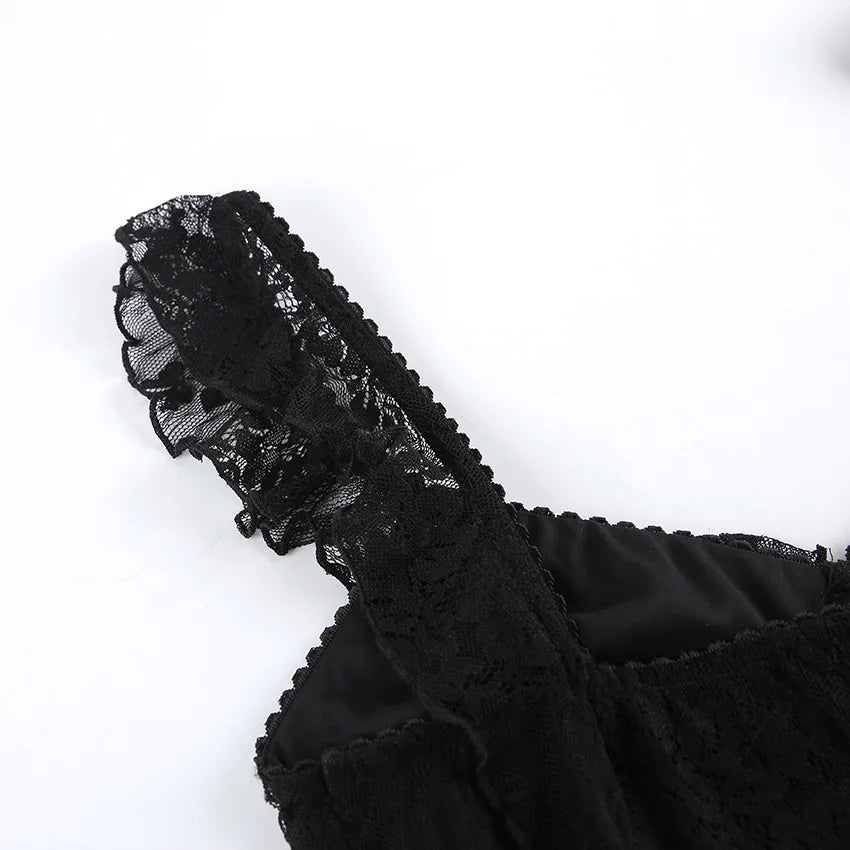 TARUXY Elegant Black Lace Sexy Dress Women's Summer New Perspective Hollow Out Slit V-Neck Straps Dress Female Party Club Dress