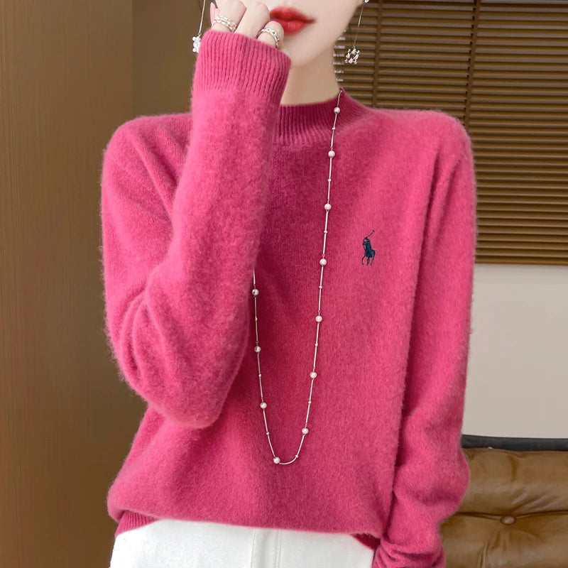 2024 Autumn/Winter Women's New Cashmere Hoodie Fashionable Embroidered Half High Neck Soft Cashmere Explosive100% Australianwool Streetsharks