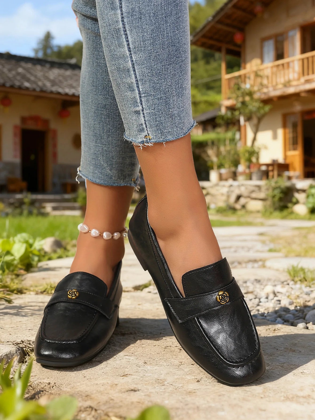 Women's Leather Flat Loafers with Gold-Tone Flower Accessory Round Apron Toe Low Block Heel Comfortable & Office Dress Shoes luxecrown.co.uk