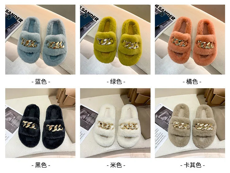 Fashion Faux Fox Fur Slippers Women Spring Autumn Fluffy Slides Ladies Peep Toe Fur Shoes Flat Large Size Furry Soft House Shoes luxecrown.co.uk